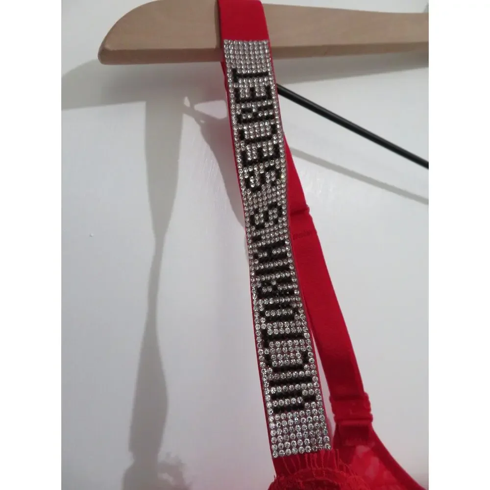 Victoria's Secret Women Sz 36DDD Red Very Sexy Push Up Bra Rhinestone Straps